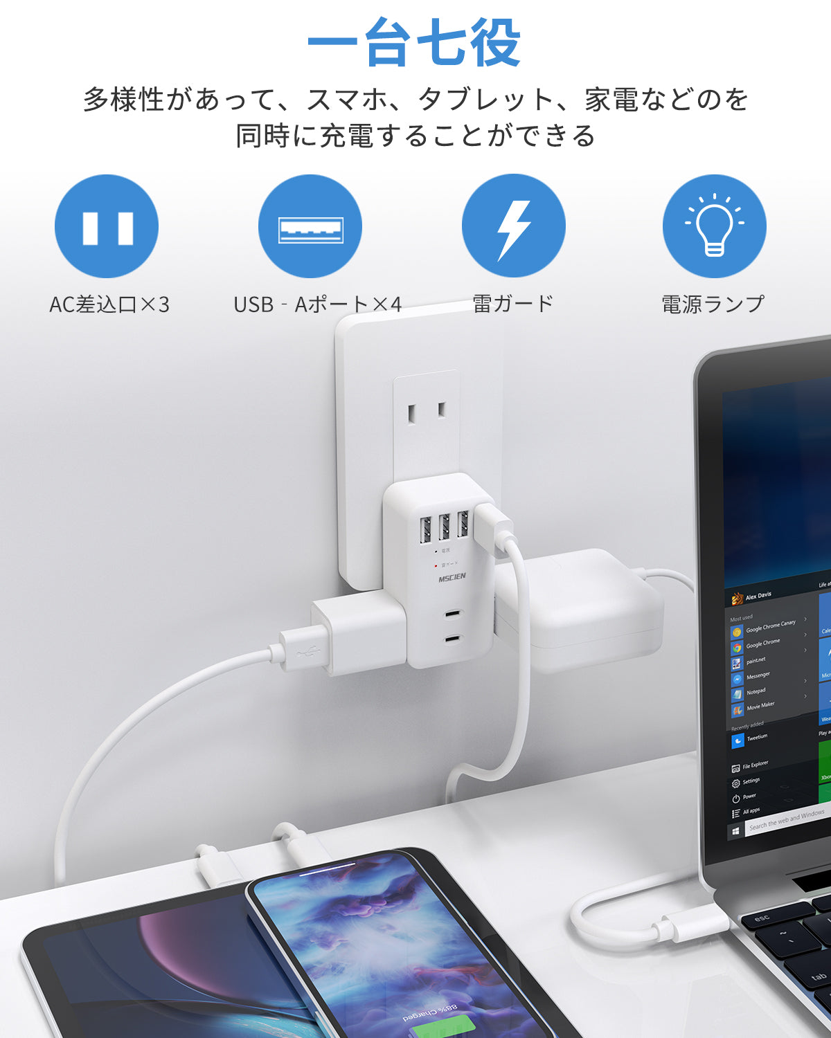 MSCIEN 直挿しタップ 90°スイングプラグ 軽量 (7-in-1  USB-A×4)