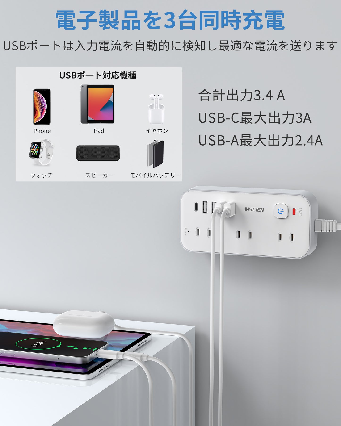 MSCIEN 延長コード スイッチ付 180度回転プラグ(11-in-1 USB-C×1 USB-A×4)