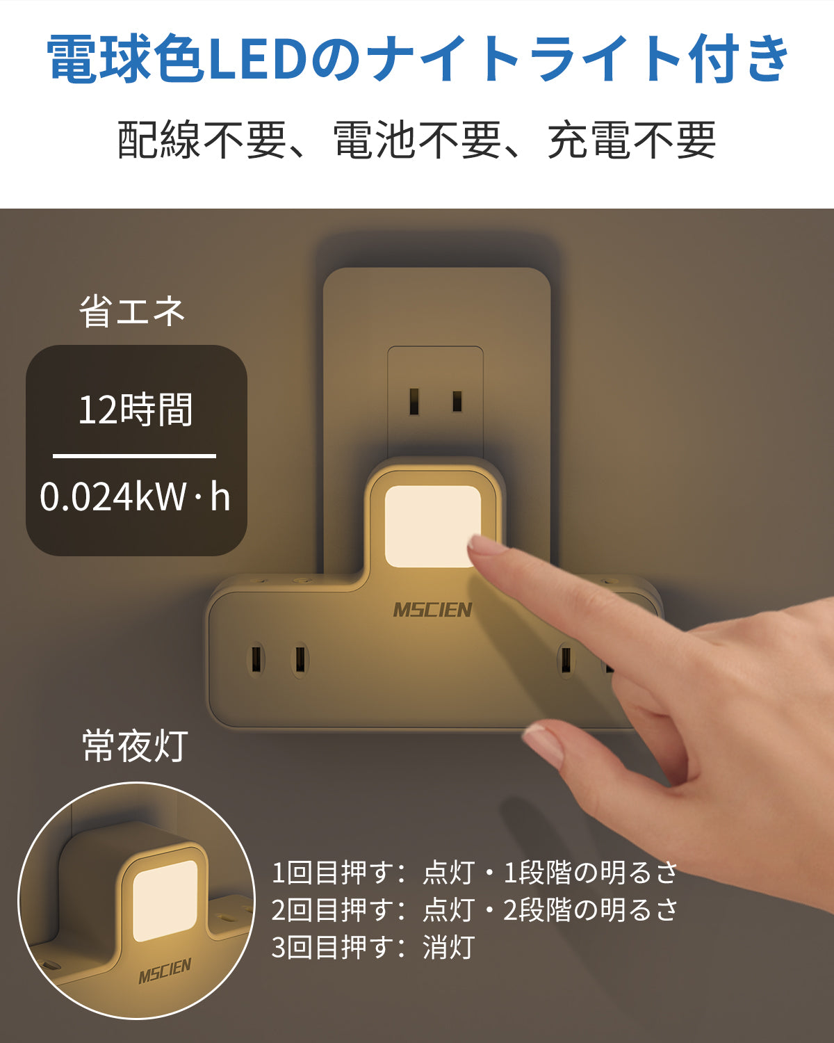 Mscien（エムサイン）の配線不要で3段階調光ができる電球色LEDナイトライトと省エネ常夜灯仕様。特色であるLEDナイトライトを搭載した機能説明カット。